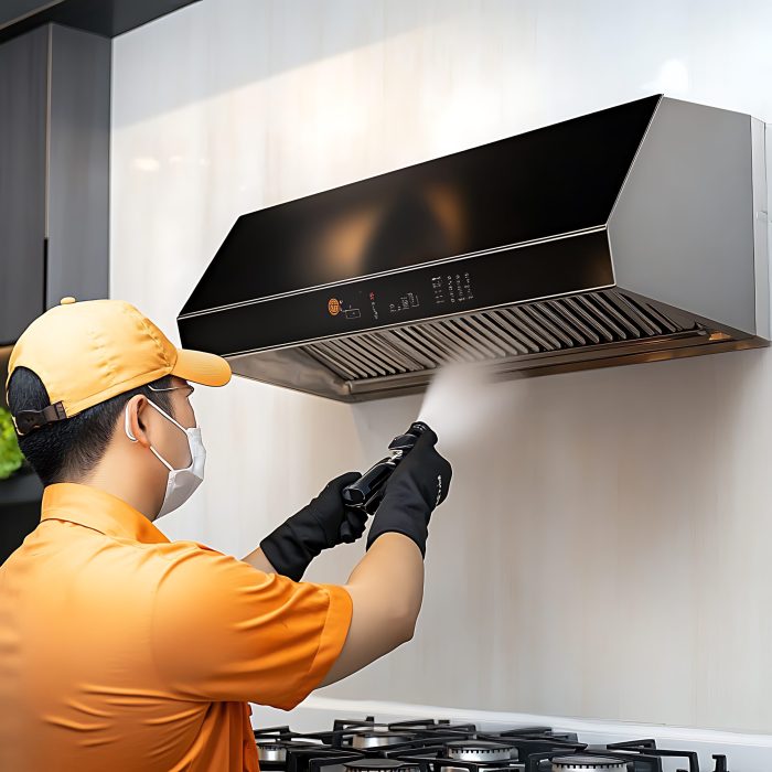 arafed man in a yellow shirt and black gloves spraying a stove
