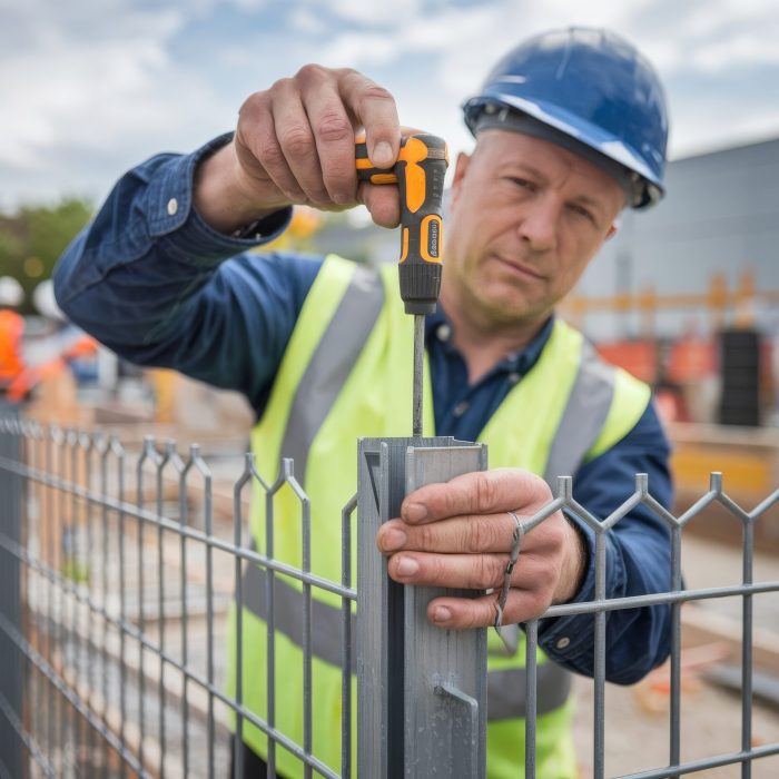 man-using-screwdriver-twists-metal-picket-fence-fence-worker-professional-construction